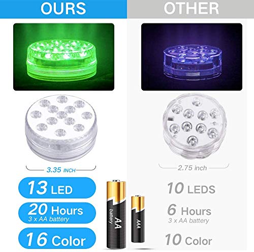 KJOY 4Pcs Submersible LED Lights with RF Remote, Magnets, Suction Cups, Battery Operated IP68 Waterproof Underwater Light, 13LED 16 Color Changing Pond Lights for Inground Aquarium Fountain Vase