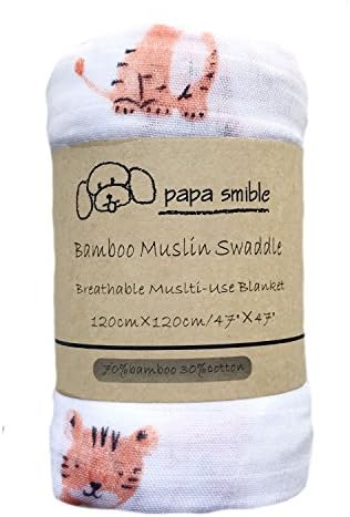 Papa Smible Muslin Swaddle Blankets Bamboo Cotton Baby Swaddle Wrap, 47”×47" Larg Wrap Swaddle, Tiger, Owl&amp;Flamingo (Tiger)
