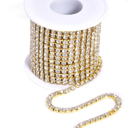 BLINGINBOX Rhinestones Chain 10 Yards SS8/2.5mm Crystal Glass Sew On Rhinestones Cup Chain with Gold Bottom Sew On Trim(SS8,Crystal-Gold Bottom)