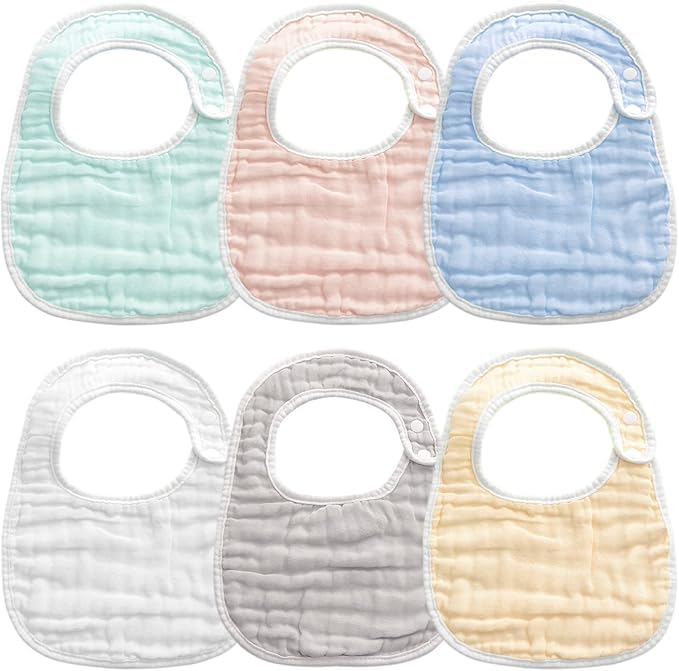 6Pack Muslin Baby Bibs Ultra Soft Absorbent - 100% Organic Cotton Baby Bandana Drool Bibs Adjustable Snaps for Infants, Newborns and Toddlers, Stylish Unisex Bandana Bibs for Teething and Drooling