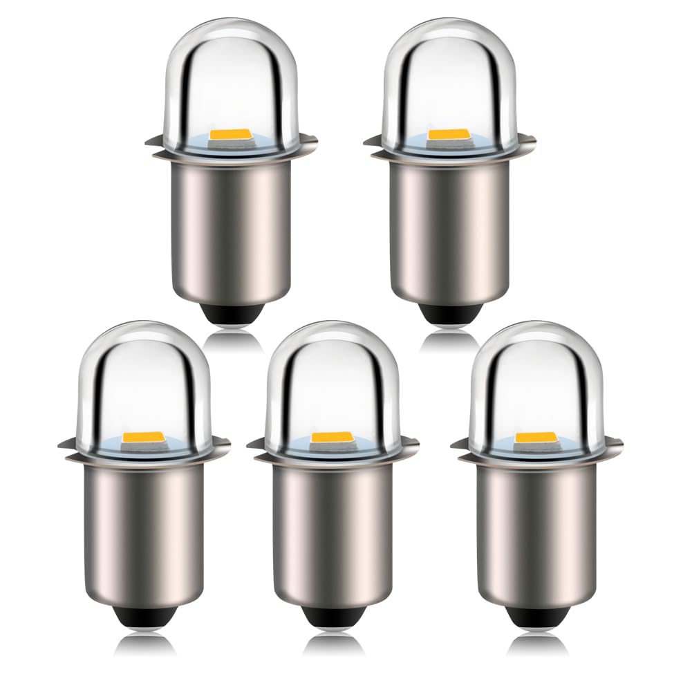 Ruiandsion Upgrade LED Flashlight Bulbs P13.5S Base Socket Warm White LED Bulbs 3V Replacement for Headlamp Flashlight Torch Lights, Negative Earth (Pack of 5)