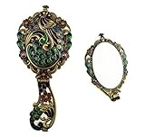 Ivenf Vintage Handheld Metal Oval Make-Up Mirror, Peacock Closed Tail, Bronze