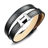 Fashion Ahead Men Women Stainless Steel 2 Layers Leather H Bracelet Belt Clasp, Black / Brown