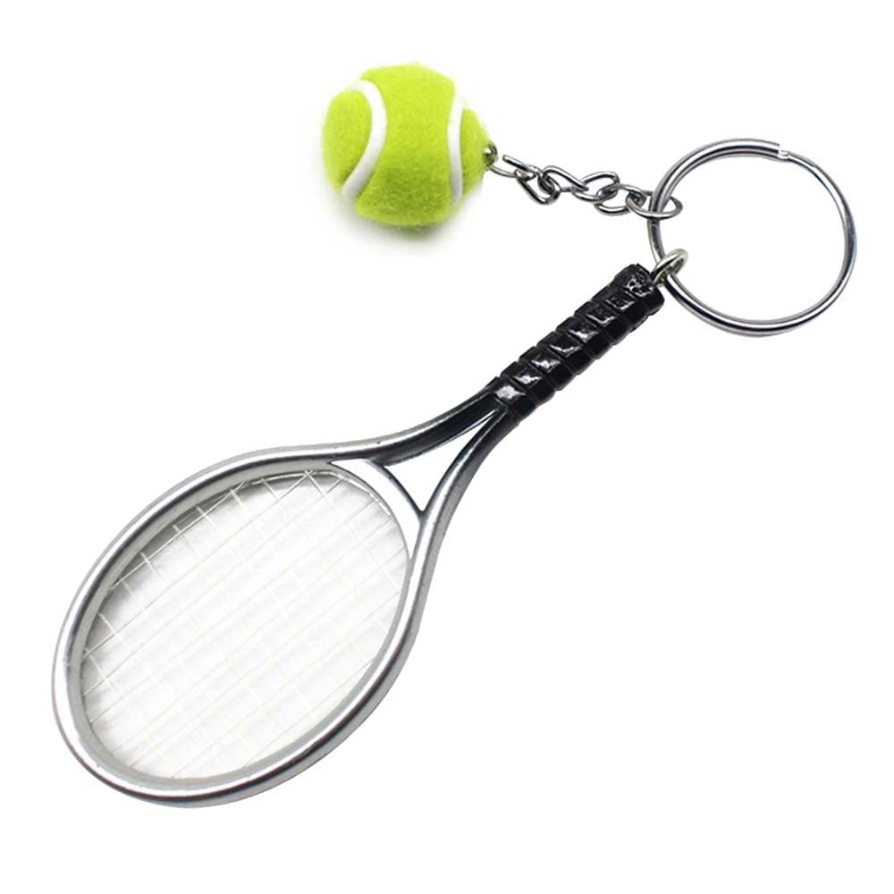 RIXERKOC Tennis Racket Key Chain Mini Novelty Keyring Metal Keyring Tennis Ball Pendant Gifts for Sports Keychain, silver, M