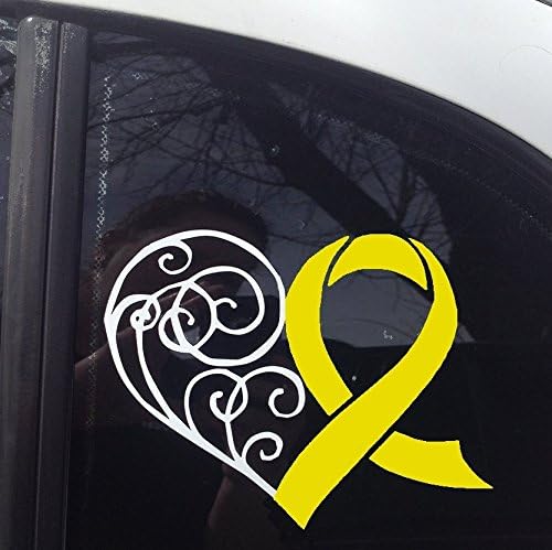 Yellow Awareness Ribbon Heart Scroll Window Decal (Spina Bifida, Adenosarcoma, Ewings Sarcoma, Liver Cancer, Liver Disease, Endometriosis)