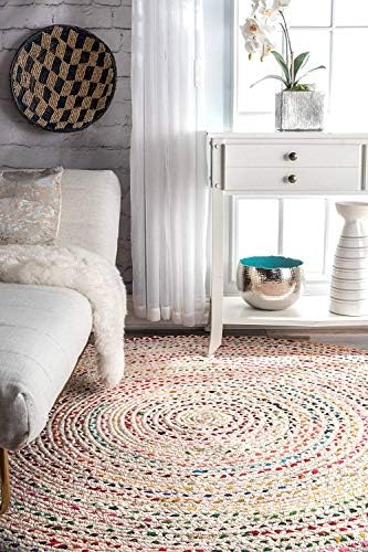 icrafty 270X270 cm white base round hand braided cotton area rug