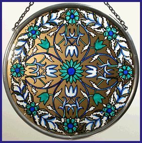 Decorative Hand Painted Stained Glass Window Sun Catcher/Roundel in a Golden Blue Garland William Morris Design.
