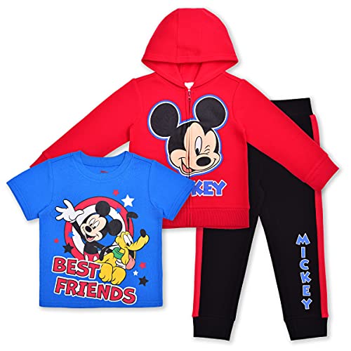 Disney Mickey Mouse Boys Zip Up Hoodie, T-Shirt and Pants Set for Toddlers and Little Kids