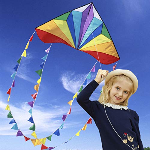 HONBO Large Delta Kite for Kids & Adults,Extremely Easy to Fly Kite for Beach Trip,String Line Included,with Colorful Tail,Perfect for Beginners