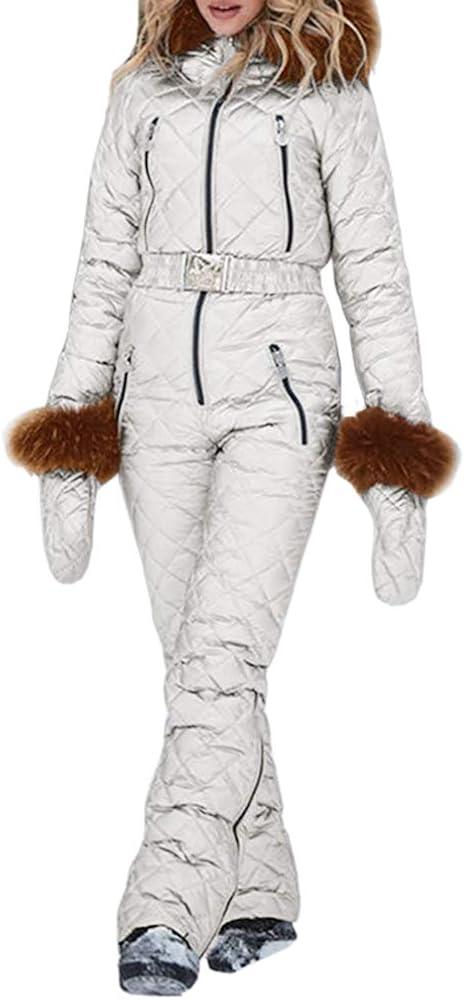 Amazon.com: Women Onesies Ski Jumpsuit Fur Collar Skiing Jacket Snowsuit with Hoodies Non 