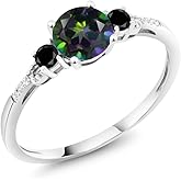 Gem Stone King 10K White Gold Green Mystic Topaz Black Diamond and White Diamond Accent 3-Stone Engagement Ring For Women (1.18 Cttw, Round 6MM, Gemstone November Birthstone)
