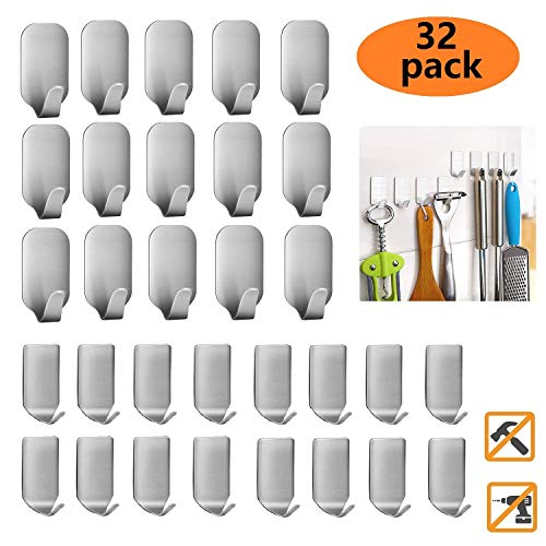Adhesive Hooks, 32-Pack Heavy Duty Wall Hooks Stainless Steel Waterproof Hangers for Kitchen, Bathroom, Bags, Towel, Coat, Keys, Robe, Home, Offices (16 Small + 16 Big) - Thumbnail 7