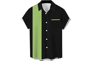 LZZIDOU Men's Vintage Bowling Shirts 1950s Casual Short Sleeve Button Up Contrast Shirt Summer Color Block Cuban Shirts