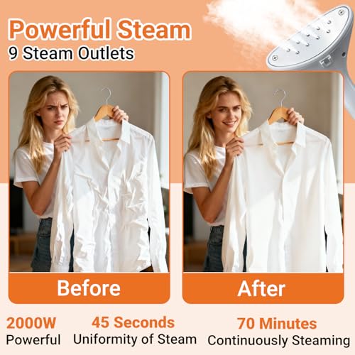 2000W Garment Steamer and Clothes Steamer with Stand, 2.5L Tank, Fast Heat-Up, 70-Min Continuous Steam, Vertical Steamer for All Fabrics