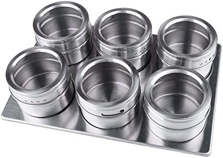 Shinena Kitchen Stainless Steel Clear-top Magnetic Spice Jars/Tins/Bottles with Stainless Trestle Rack,Set of 6
