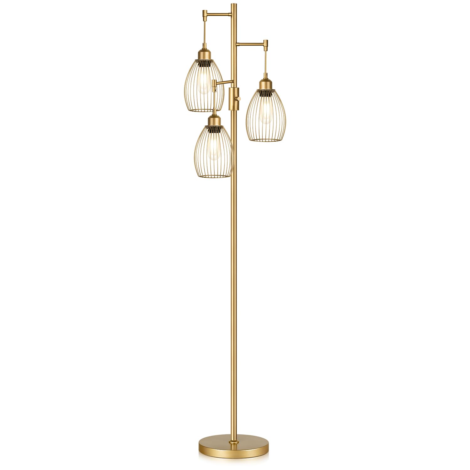 Dimmable Industrial Floor Lamps for Living Room, Gold Tree Standing Tall Lamps with 3 Elegant Teardrop Cage Head & 800 Lumens LED Bulbs for Bedroom Office