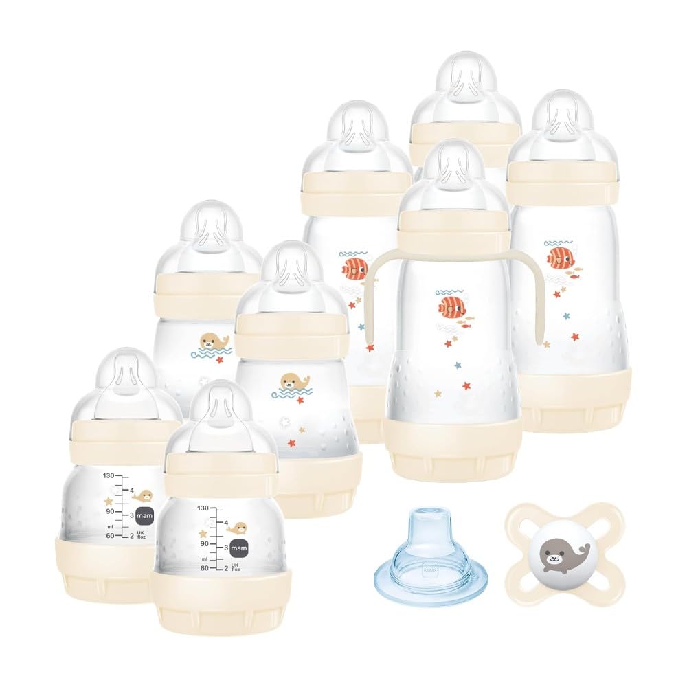 Mam Bottle Set, 8 Bottles in 130 Ml, 160 Ml and 260 Ml Sizes, 1 Start Nanò Pacifier, 4 Diskettes, 1 Soft Spout and Handles, Color Beige - 730 G, 14.2 x 16.8 x 21.2 cm; 720 grams