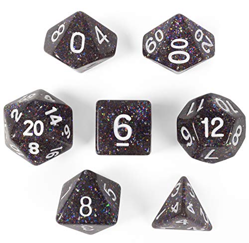 Sparklier Vomit Complete Set of 7 Premium Glitter Polyhedral Dice Edition with More Sparkles - Compatible with Most Tabletop RPG Board Games, Comes with Clear and Labled Display Box