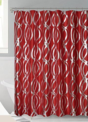 Luxurious Bold Metalic Moroccan Trellis Shower Curtain Set with 12 Hooks 72"x72" (Red)