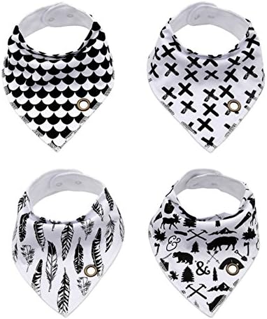 Baby Bandana Drool Bibs With Snaps, ANTEQI Unisex 4-Pack Baby Shower Gift Set For Drooling &amp; Teething, 100% Organic Cotton Super Absorbent &amp; Soft For Boys And Girls (Black with white)