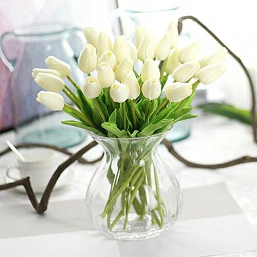Julvie Fake Flowers Lifelike Artificial Tulip PU Flowers Wedding Home Decoration,Pack of 30 (20, Off-white)