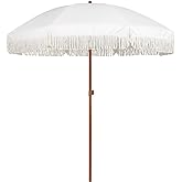 AMMSUN 7ft Patio Umbrella with Fringe Outdoor Tassel Umbrella UPF50+ Premium Steel Pole and Ribs Push Button Tilt, Cream White