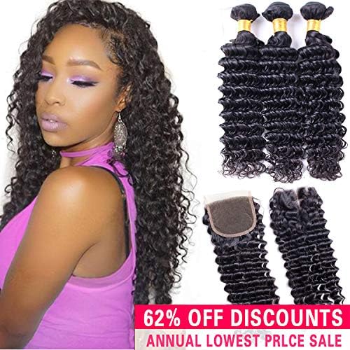 Unprocessed Virgin Remy Brazilian Deep Wave Hair 3 Bundles With Closure Cheap Brazilian Deep Wave Curly Human Hair Weave Extensions With Lace Closure 4x4 Middle Part (16 18 20 +14 closure)