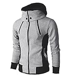 LOCALMODE Men's Double Zipper Hooded Jacket Turtleneck Fleece Hoodie Coat Grey L