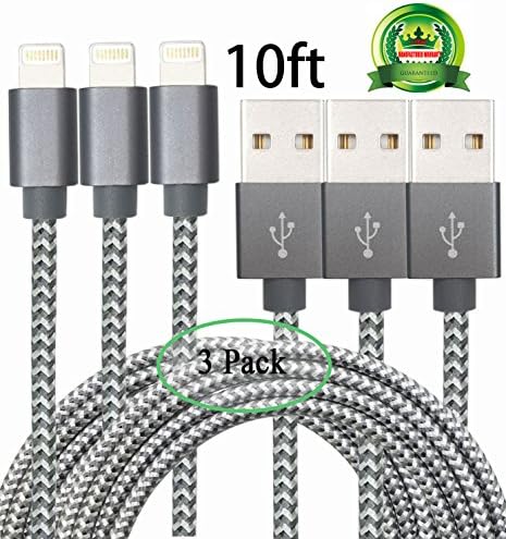Abloom 3Pack 10ft Lightning Cable Nylon Braided Charging Cable Extra Long USB Cord for iphone 7,7 plus iphone 6s,6s plus,6plus,6,5s 5c 5,iPad Mini, Air,iPad5,iPod 7on iOS9.(Grey)
