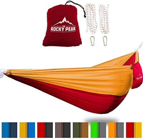 The Rocky Peak BEST Ultralight Single Person Parachute Hammock for Camping, Hiking, Backpacking, Beach, or Travel - High Strength Portable Design (Red/Gold)