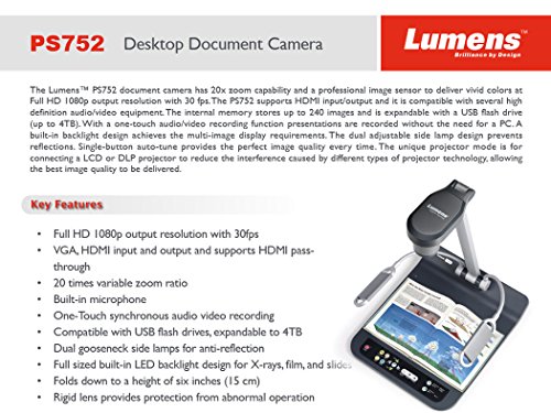 Lumens PS752 Desktop Document Camera, Full HD 1080p output resolution with 30fps, 20 times variable zoom ratio, Built-in microphone, Folds down to a heightoseneck Side Lamps - USB, VGA, and HDMI Ports