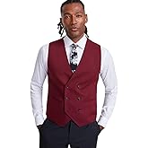 TAYION Mens Classic fit Button-Up Double Breasted Suit Vest Large Red