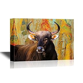 Canvas Wall Art - Portrait Black Cow with Nice Horn in Open Zoo - Gallery Wrap Modern Home Art | Ready to Hang - 12x18 inches