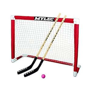 MyLec Deluxe Hockey Set, with 1 Hockey Goal, 2 43″ Hockey Sticks & 1 Soft Ball, Sleeve Netting System, PVC Tubing Net, Lighweight & Durable, Enhanced Grip, Pre-Curved Mini Hockey Stick (Red/White)
