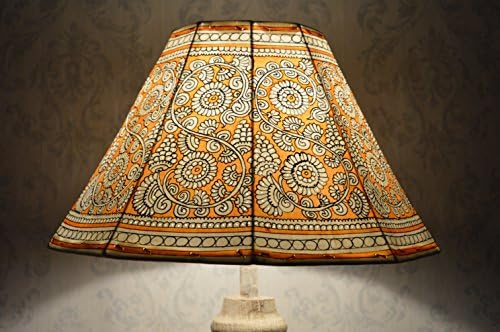 Orange Large Floor Lamp Shade Painted in Mandala Design | Handmade Leather Lamp Shade in Decagonal Shape - 40CM W and 24CM H