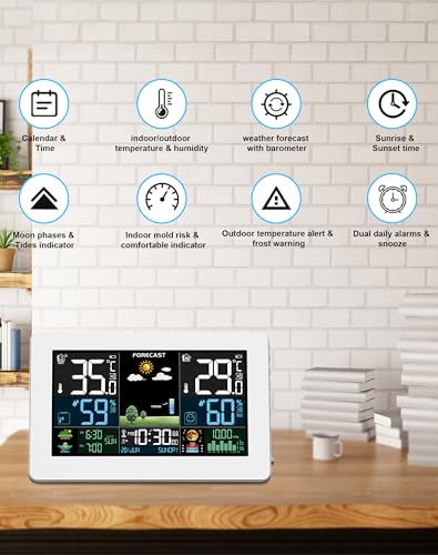 Indoor and Outdoor Weather Station with Color Display, Weather Forecast, Temperature, Humidity, LCD Alarm Clock with Repeat Function and Air Pressure