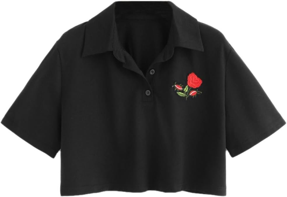 Women Girl Cut Off Crop Polo T-Shirt Short Sleeve Rose Printed Casual T Shirt Vest Tops Blouse