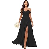ZHCHUI Women's Off The Shoulder Bridesmaid Dresses with Pockets Pleated Chiffon Formal Evening Dress with Slit