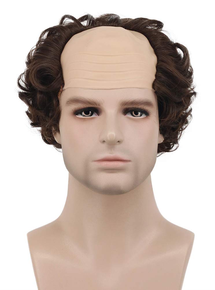 Photo 1 of karlery Short Brown Curly Fits Old Man Bald Cap Wig Halloween Cosplay Anime Costume Party Wig (Brown)