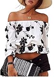Relipop Women's 3/4 Sleeve Floral Crop Top Strapless Blouses Off Shoulder Tops