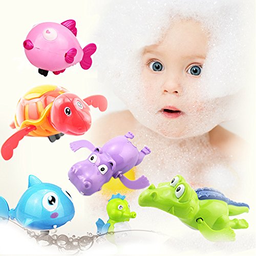 6 Pcs Floating Wind-up Bath Water Toys for Kids and Toddlers, Sea Animal Bath Toy Turtle Hippo Crocodile Hippocampus Fish, Bathtub Playset Clockwork Play Toy Kid Educational Water Toys