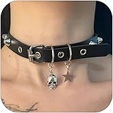 PLOUTOS Gothic Leather Choker Necklace For Women Star Skull Charms, Adjustable Buckle Collar, O-Ring Hardware, Rivet Detail, Edgy Punk Statement For Women
