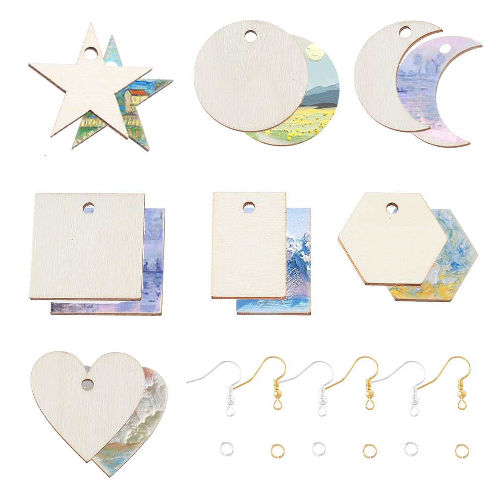 SUNNYCLUE 480Pcs Wood Charms Jump Rings Earrings Making Starter Kit Unfinished Wood Blanks Wooden Blank Charms Earring Hooks Round Pieces Square Heart Moon Star Charms for jewellery Making Kits Women