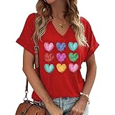 V-Neck Shirts for Women Cute Love Heart Graphic Valentine's T Shirts Casual Spring Day Tops Tee Blouse