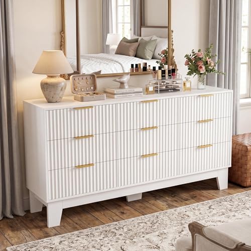 IDEALHOUSE 9 Drawer Dresser for Bedroom, 59" Wide Modern Fluted Dresser with Go…