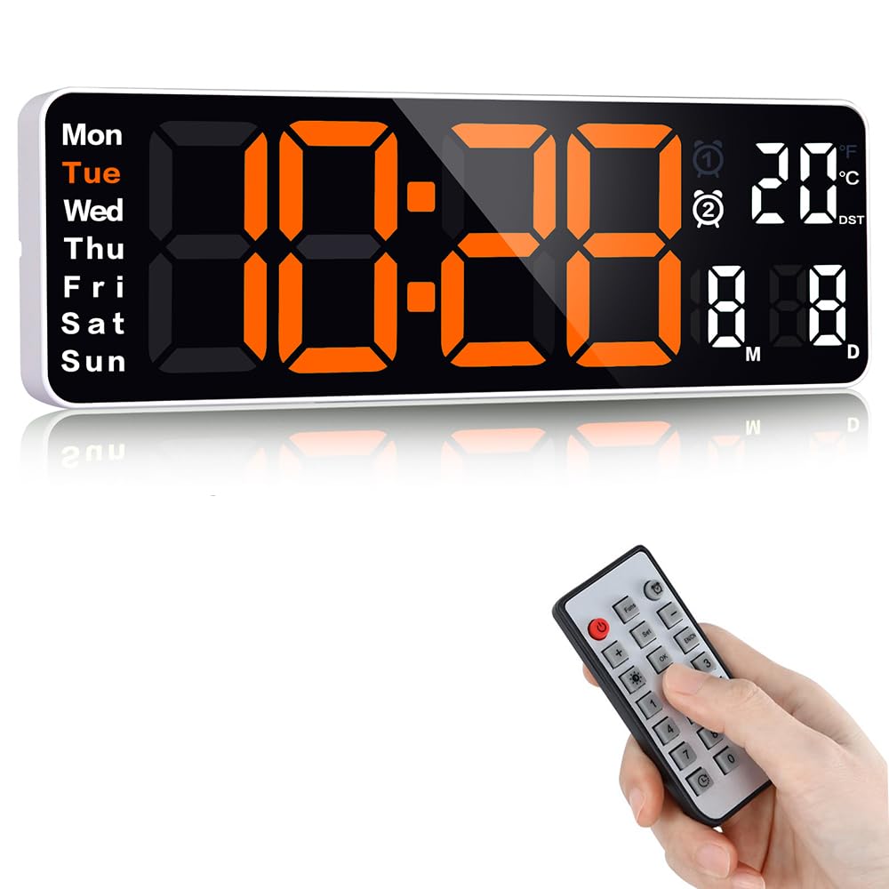 Fuloon 13 inch Large Digital Wall Clock, Digital Alarm Clock, 12/24H Digital Clock with Remote Control, Countdown Gym Timer with Date, Week, Temperature, Adjustable Brightness (Plug In Electricity)