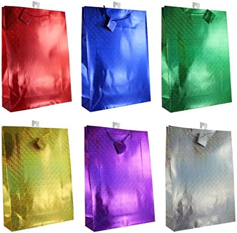 Uniqooo- 6 Pack Premium Assorted Gift Bags with Ribbon Handles and Matching Note Tag - Assorted Designs For Birthday, Holiday, Party