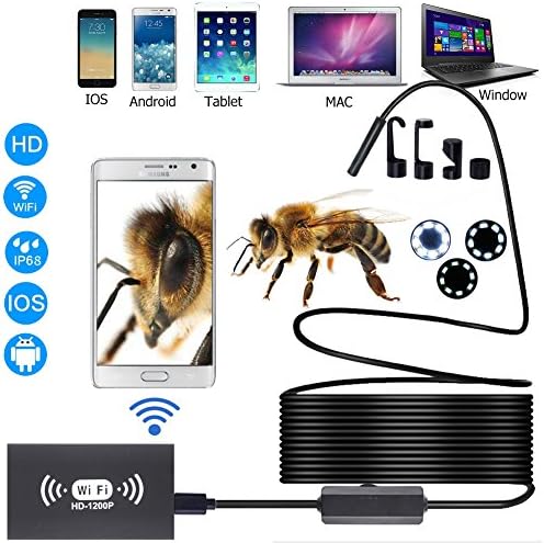 Wireless Endoscope 1200P WIFI Borescope for iPhone/ Android, 8mm Inspection HD Camera Waterproof Semi-rigid Snake Cable for IOS/MAC/Windows Black 5M(16.4FT)