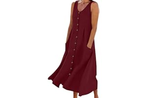 Summer Cotton Linen Dresses for Women 2026 Button V Neck Sleeveless Midi Sundress Casual Gauze Shift Dress with Pockets