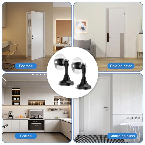 LSXD Tope de Puerta Magnético, 2 PCS Inoxidable Door Stopper, Imanes para Puertas con Cinta Adhesiva y Tornillos, Detenedor de Puerta Protector de Pared Contra Golpe para Dormitorio, Cocina, Negro